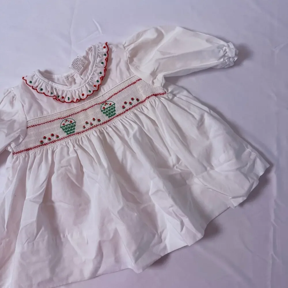 Vintage 80s Holiday Smocked Embroidered Peter Pan Collar White Christmas Dress